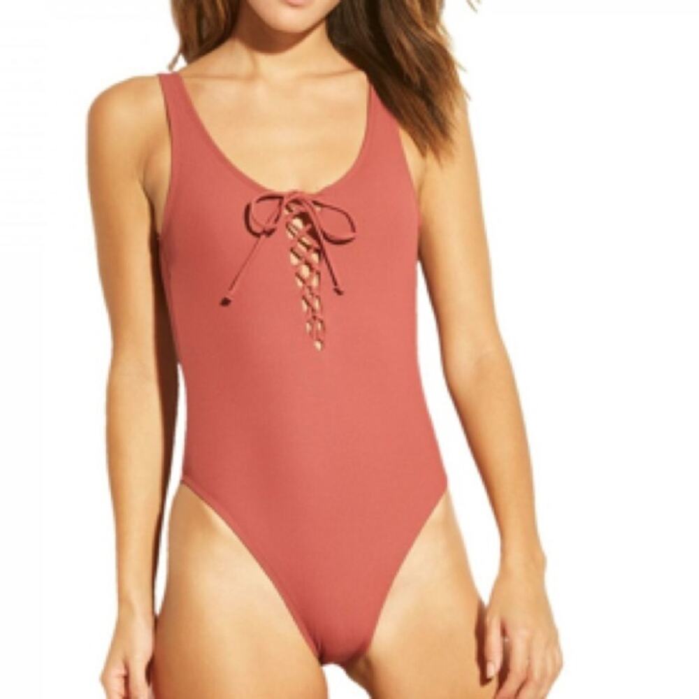 Xhilaration Rose Ribbed Lace-Up Scoop Back One Piece